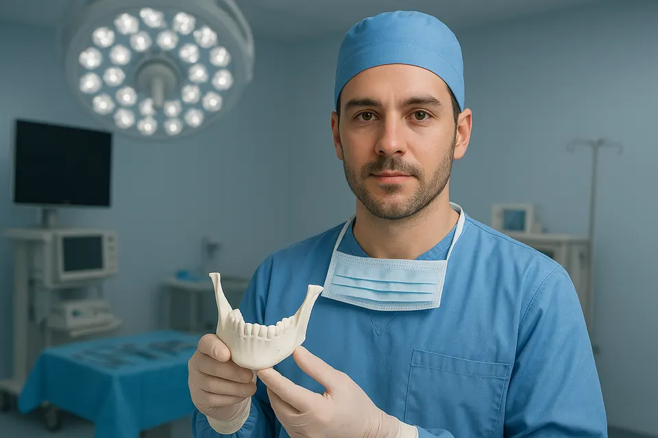 Cirujano maxilofacial sosteniendo un biomodelo mandibular impreso en 3D