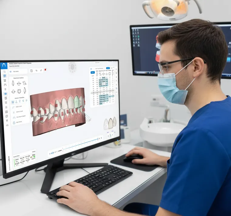 Ortodoncista planificando alineadores dentales en software 3D